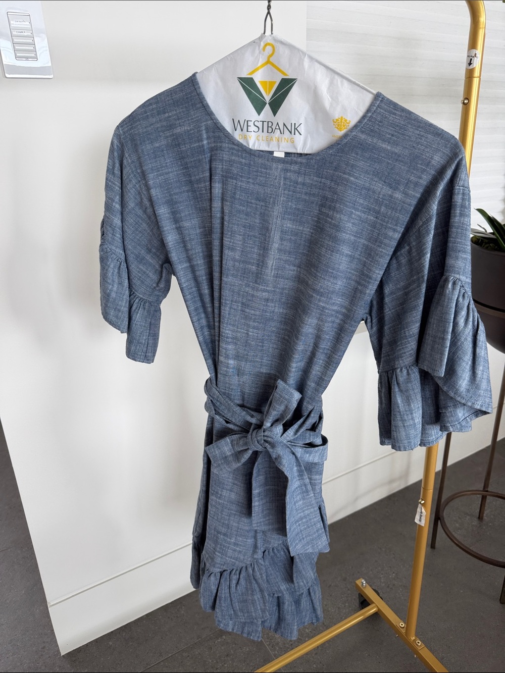 Casual Blue Ruffle-Sleeve Tie-Waist Mini Dress